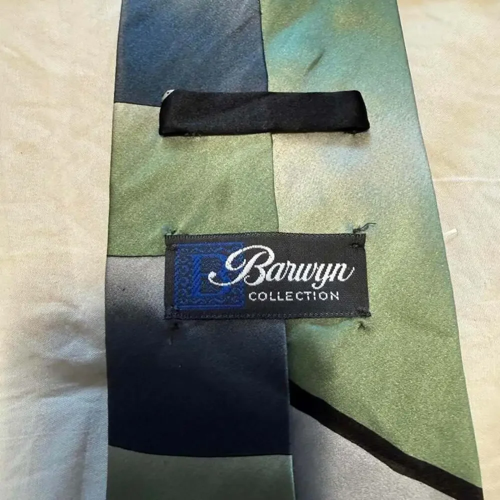 Barwyn Collection Geometric Silk Tie Green Blue Art Deco